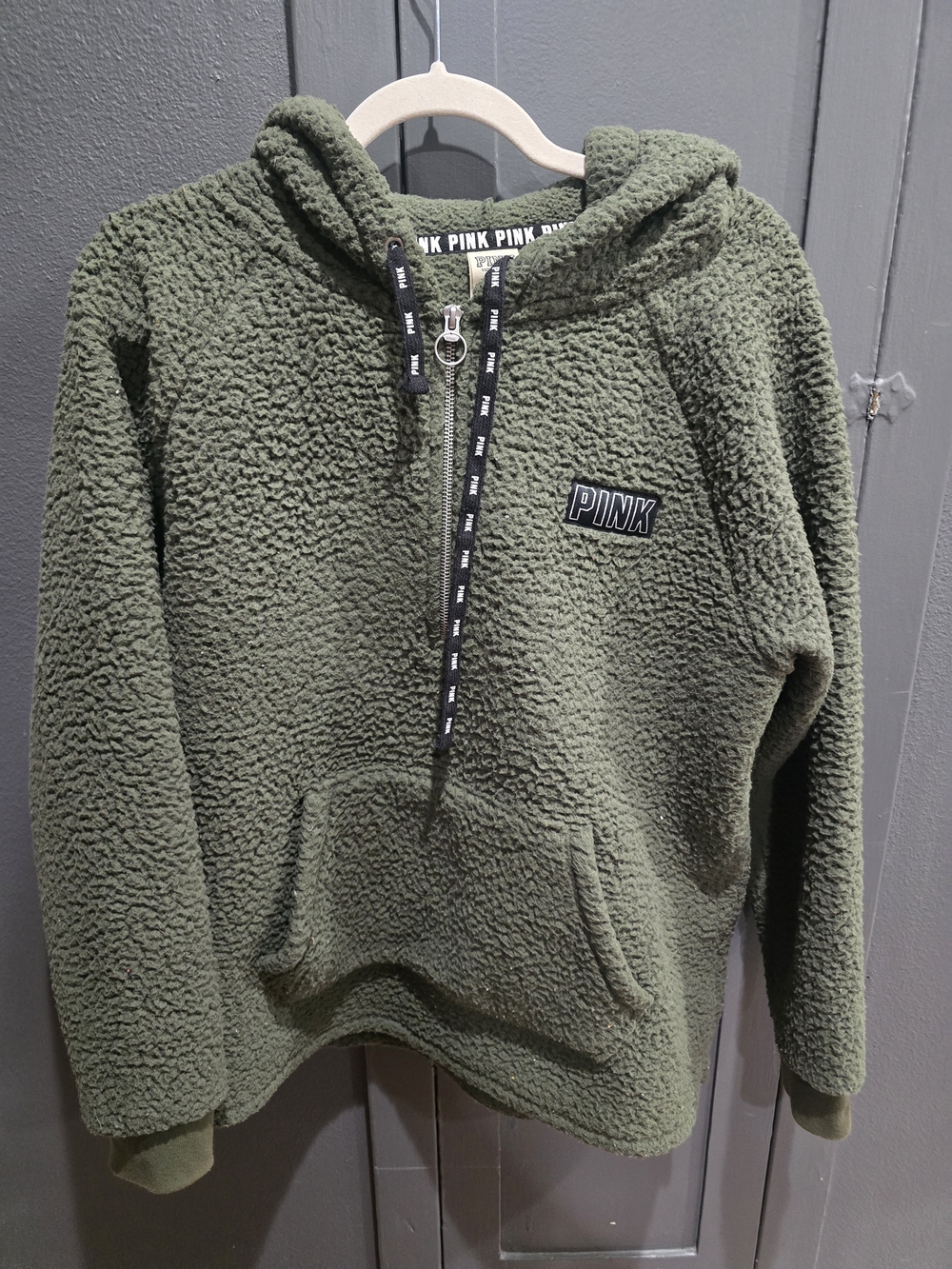 PINK Victoria's Secret Olive Green Sherpa Half-Zip Pullover